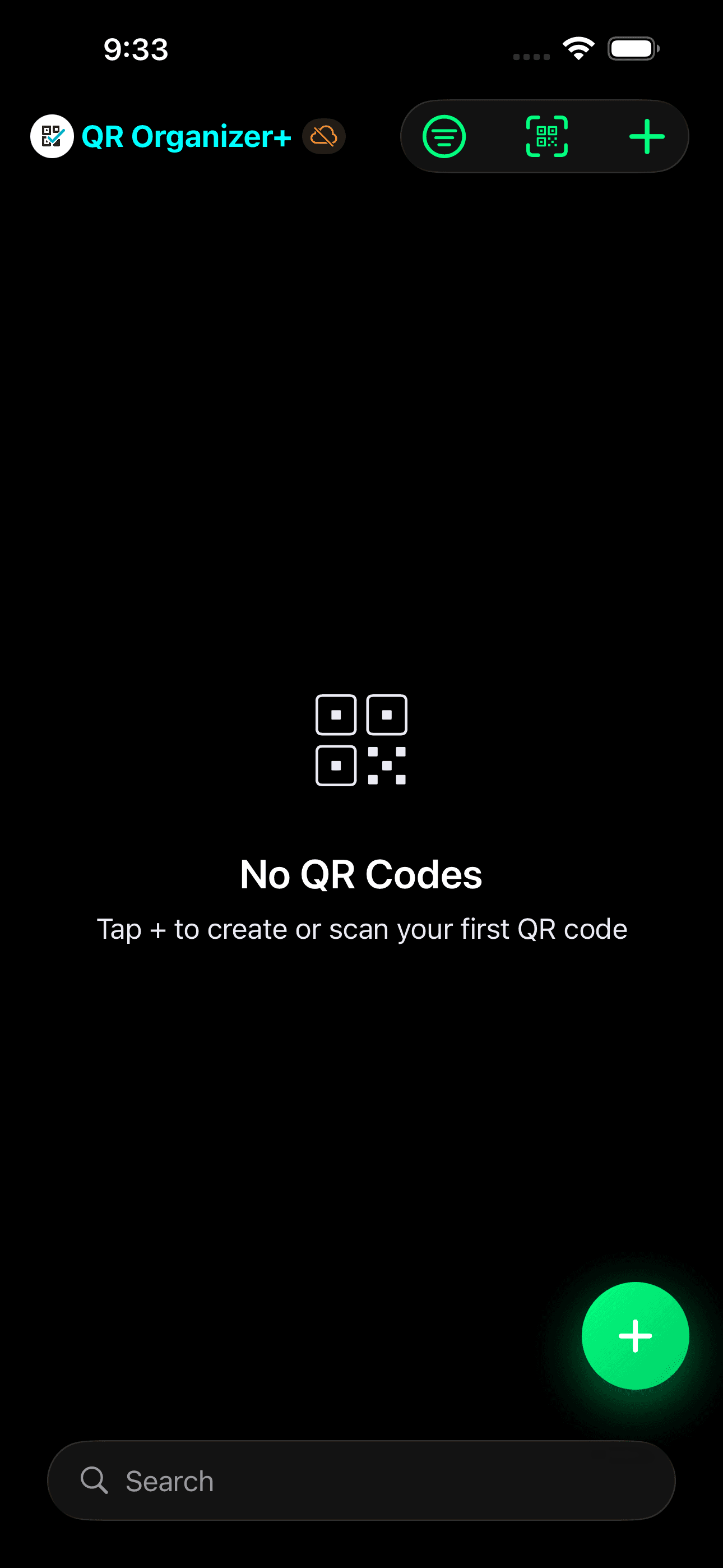 QR Organizer+ app screenshot 2 showing the QR code management interface